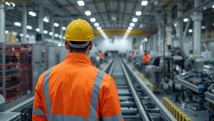 Man in safety gear walking through a factory with machinery and other workers in the background view from back