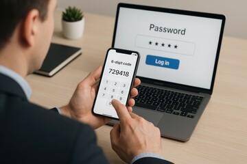 Secure Access: A professional individual using mobile authentication, safeguarding digital information via secure password, technology and information security is highlighted.
