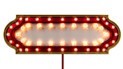 Illuminated Marquee Sign with Red and Gold Frame and Incandescent Bulbs, cut out transparent