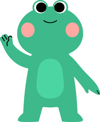 Friendly green frog waving hello with big eyes and rosy cheeks.