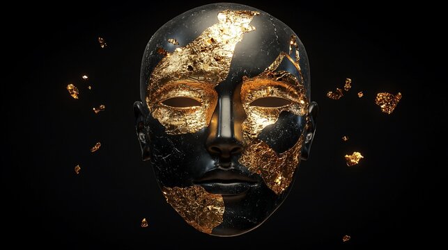 Close-up of a black face mask with golden decorative elements on a black background.