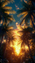 Golden hour radiance illuminates tropical paradise, with towering palm trees silhouetted against breathtaking sky ablaze with vibrant orange and blue hues.