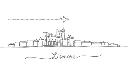 Obraz premium Lismore Castle Line Art with Ireland Travel, and Plane.