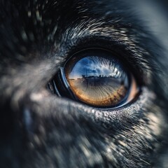 Macro K9 eye iris reflecting operation scene, motion-blurred background, forensic file visible in corneal reflection, f2.8 bokeh, International Dog Day