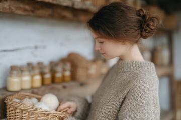 Warm atmosphere captures woman examining fresh ingredients in ru