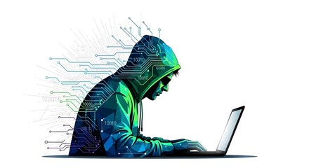 Anonymous Digital Hacker Silhouette with Circuit Board Overlay and Data Flow, Representing Cybersecurity, Coding, and Online Threats