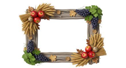 Frame of Autumn: A wooden frame, festooned with the bounty of the harvest – golden wheat, ripe grapes, and rosy apples, creating a warm and inviting composition.
