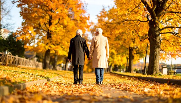 Two older individuals strolling through a park lined with brilliant autumn foliage, their warm attire complementing the golden hues of the season.