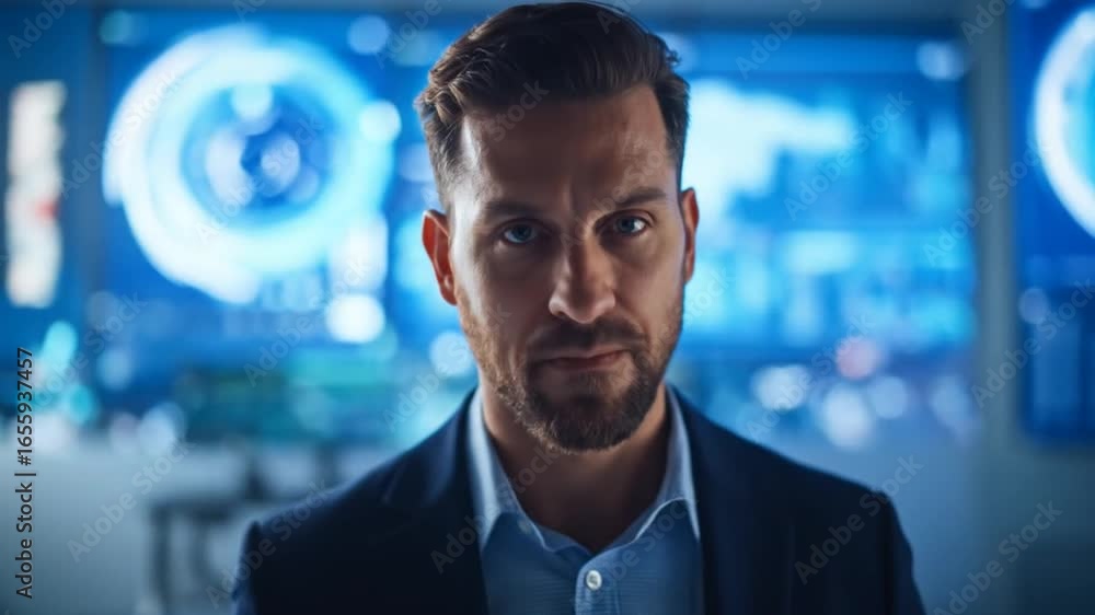 Poster Man in Control Room Analyzing Data on Digital Screens, Modern Technology and Data Analysis, Closeup