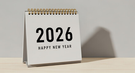 Close up of a desk calendar showing 2026 happy new year on a wooden surface against a white background