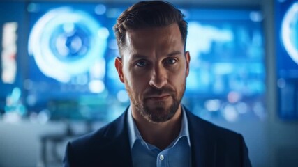Man in Control Room Analyzing Data on Digital Screens, Modern Technology and Data Analysis, Closeup - Powered by Adobe