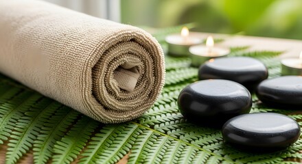 Relaxing spa essentials with warm massage stones, soft beige towel, and gentle candlelight on lush green fern leaves, creating a serene wellness experience