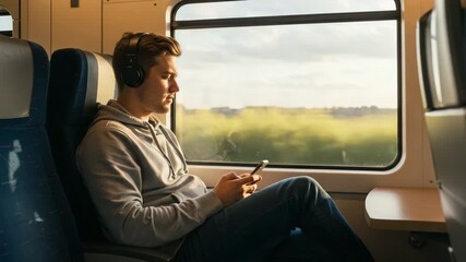 Man listening to music and using smartphone on high speed train during journey through countryside with modern interior, digital entertainment and travel technology for commute or leisure trip - Powered by Adobe