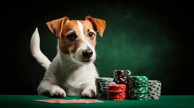 A Lucky Dog Plays Poker with a Full House of Chips.