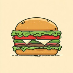 Flat illustration of hamburger with lettuce tomato and cheese bold outlines no shadows warm food palette centered composition