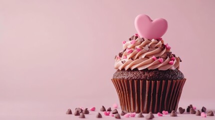 Chocolate Cupcake with Pink Heart Topper – Valentine’s Day Dessert and Sweet Love Celebration