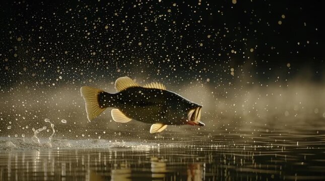 Majestic Bass Leaps From Water Amidst Golden Speckles.