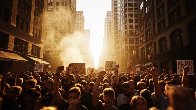 Silhouette of a crowd of activists with raised fists protesting in a city at sunset, a powerful uprising for justice.