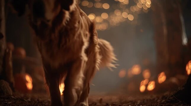 Adorable dog walks through a magical pumpkin patch with bokeh lights.