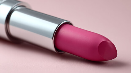 Close-up of a pink lipstick on a soft pink background.