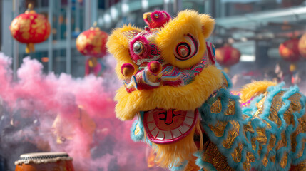 Obraz premium Vibrant Lunar New Year Lion Dance with Red Lanterns, Colorful Costumes, and Festival Parade Celebration in Chinatown