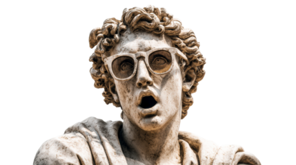 Stone statue head wearing glasses with astonished expression, cut out transparent