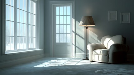 An elegant interior with a large window casting geometric shadows, a neutral armchair near the window,