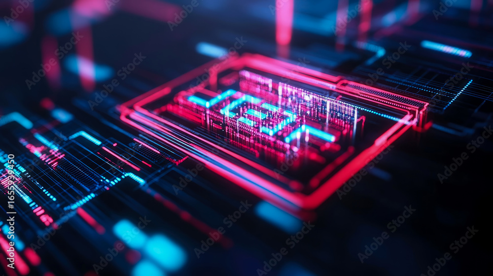 Poster abstract glowing red and blue circuit board with intricate digital data flow, representing advanced 