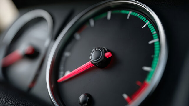 Closeup of car speedometer with red needle indicating speed.