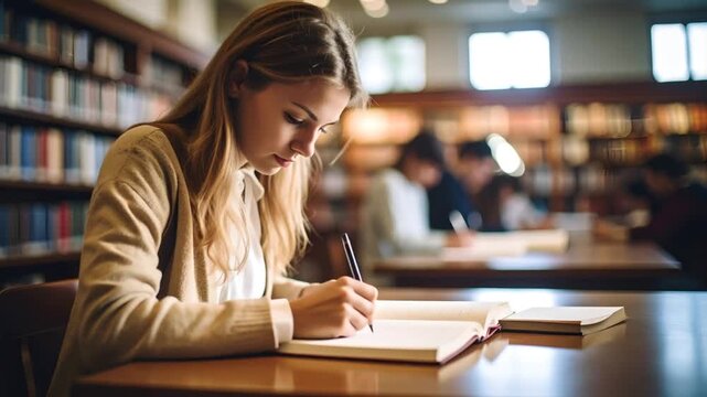 Young woman studying in library