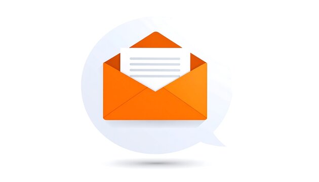 A vibrant orange envelope with a white document inside, nestled in a light-blue speech bubble, displays a simple, modern message icon.