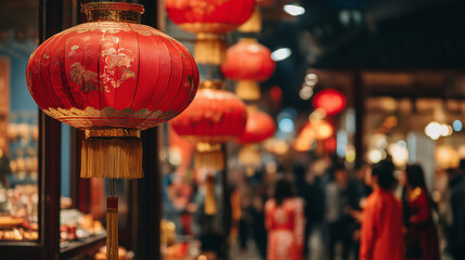 Lunar New Year Street with Red Lantern Decorations and Festive Celebration Atmosphere in Chinese Festival Market