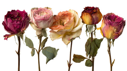 Collection of five dried roses with varied petal textures and colors on a white background, cut out transparent