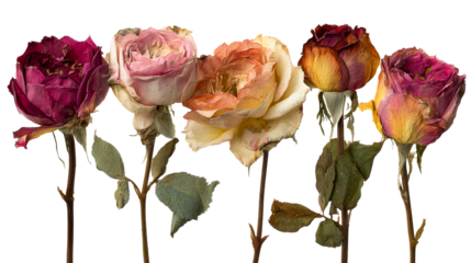Collection of five dried roses with varied petal textures and colors on a white background, cut out transparent