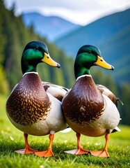 Two ducks in a grassy field, mountains in the background