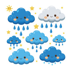 Vector art of cute cartoon clouds with rain drops and stars isolated on white background