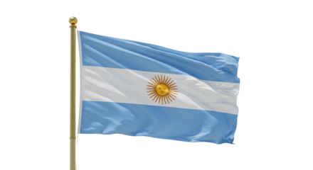 Argentinian flag waving on a flagpole against a white background, symbol of Argentina and patriotism