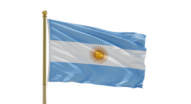 Argentinian flag waving on a flagpole against a white background, symbol of Argentina and patriotism - Powered by Adobe