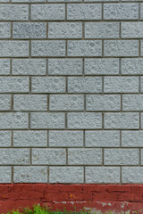 Light gray brick wall with a staggered pattern and rough surface. A red painted section and green vegetation create contrast at the base.