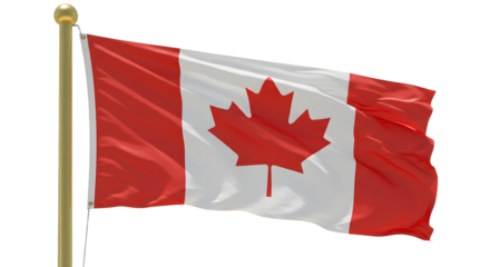 Canadian flag waving on a flagpole with clear white background, iconic symbol of Canada, perfect for national celebrations and patriotic events