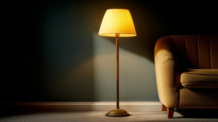 A cozy indoor scene with a warm standing floor lamp near a tan couch, muted greenish-blue wall, soft lighting,