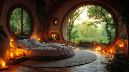 Cozy bedroom retreat with circular windows and candlelit ambiance in a serene forest setting