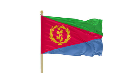 Eritrea national flag waving on pole isolated on white background, symbol of patriotism and African country identity