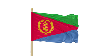 Eritrea national flag waving on pole isolated on white background, symbol of patriotism and African country identity