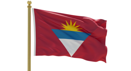 Flag of Antigua and Barbuda waving in the wind on flagpole isolated on white background, Antigua and Barbuda national symbol