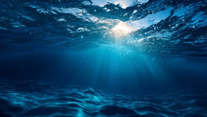 Underwater Ocean Scene with Sunlight Rays Penetrating Deep Blue Water