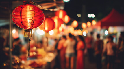 Glowing Lunar New Year Red Lanterns at Festive Asian Street Market Night Celebration