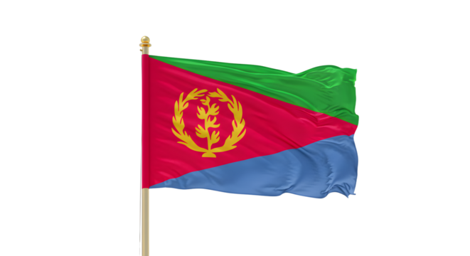 Eritrea national flag waving on pole isolated on white background, symbol of patriotism and African country identity