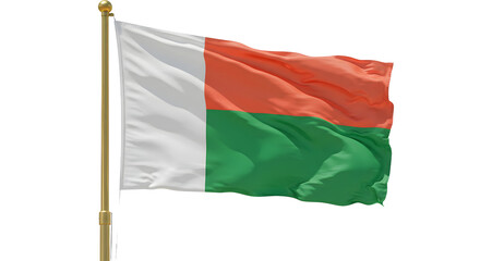 Flag of Madagascar waving on a flagpole isolated on white background, national symbol and patriotic concept, perfect for traveling and cultural projects