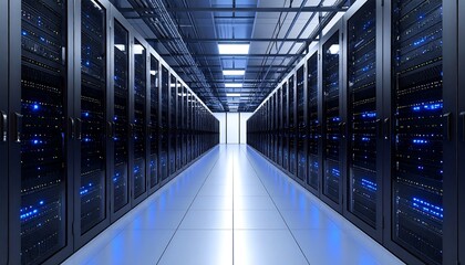 Modern Data Center Interior with Rows of Server Cabinets